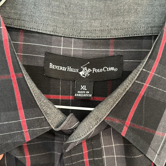Beverly Hills Polo Club Black / Red / Grey Plaid Button Down Shirt XL - Picture 3 of 3